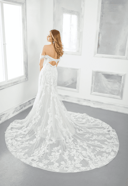 Robe de mariée avec dos ajouré et longue traîne en dentelle, vue de dos