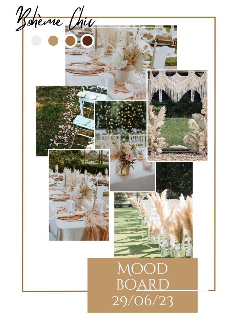 Montage d’ambiances de mariage en extérieur avec fleurs et herbes de pampa