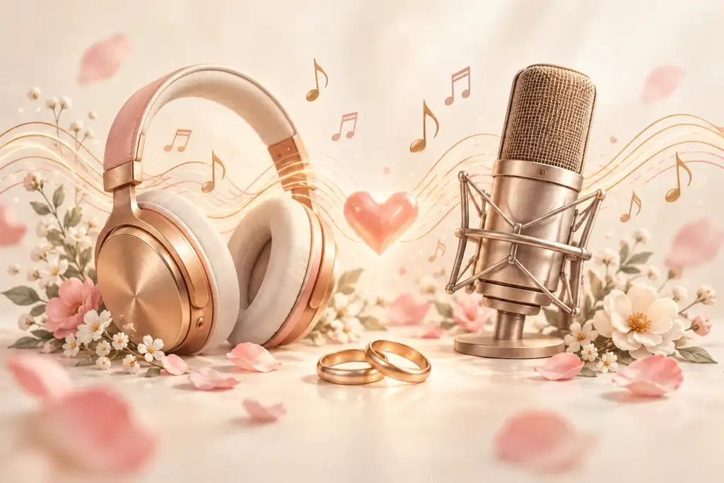 Microphone, casque audio et symboles de mariage