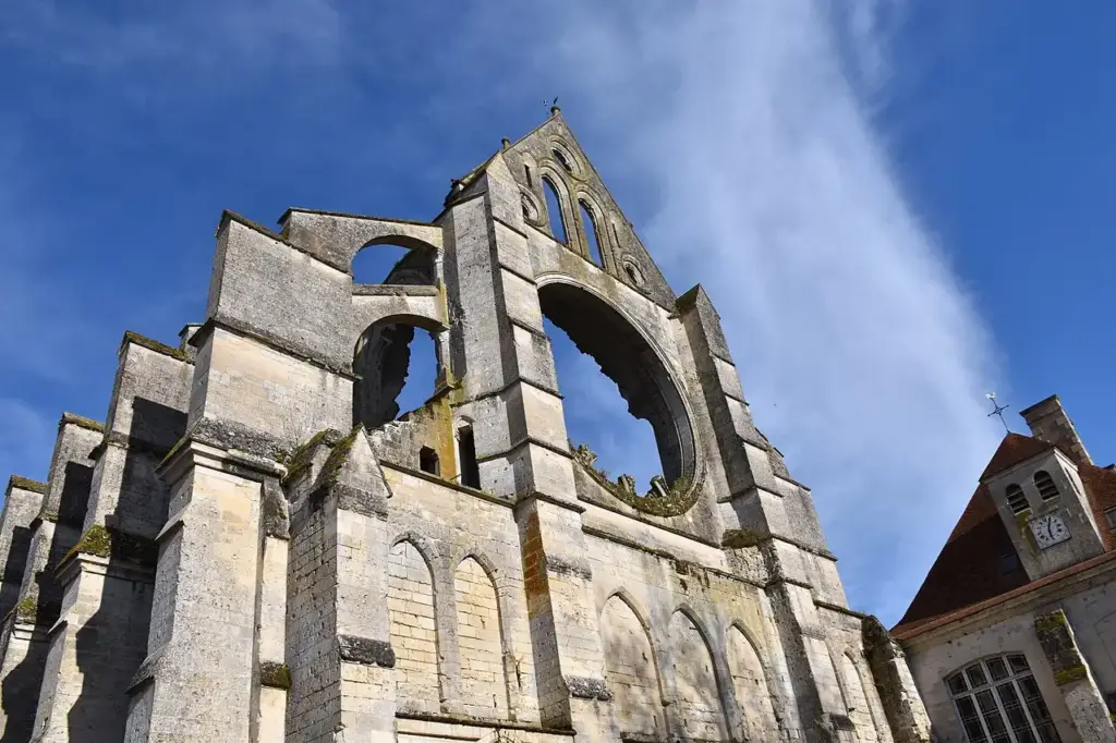Façade of Longpont abbey church viewed from a low angle