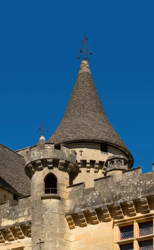 Stone-tiled roof and turret of Château de Puymartin