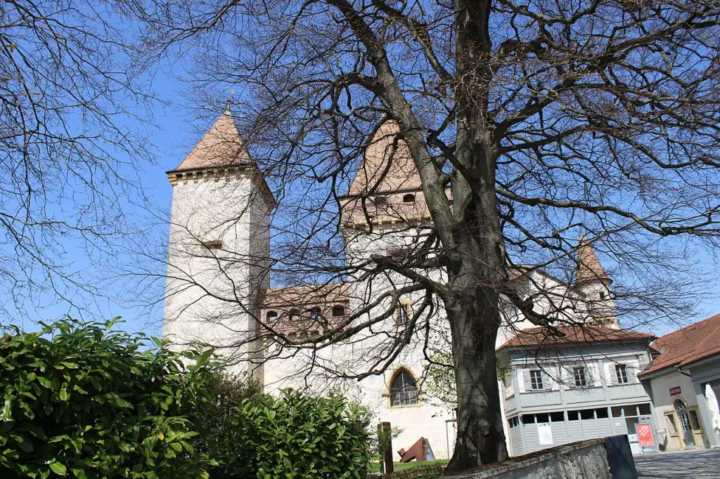 Towers of Château de La Sarraz and the entrance courtyard behind a tree