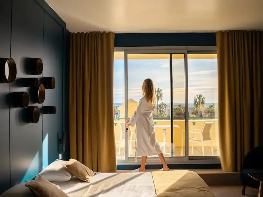 Chambre de l’Hôtel des Palmiers ouverte sur son balcon à Hyères