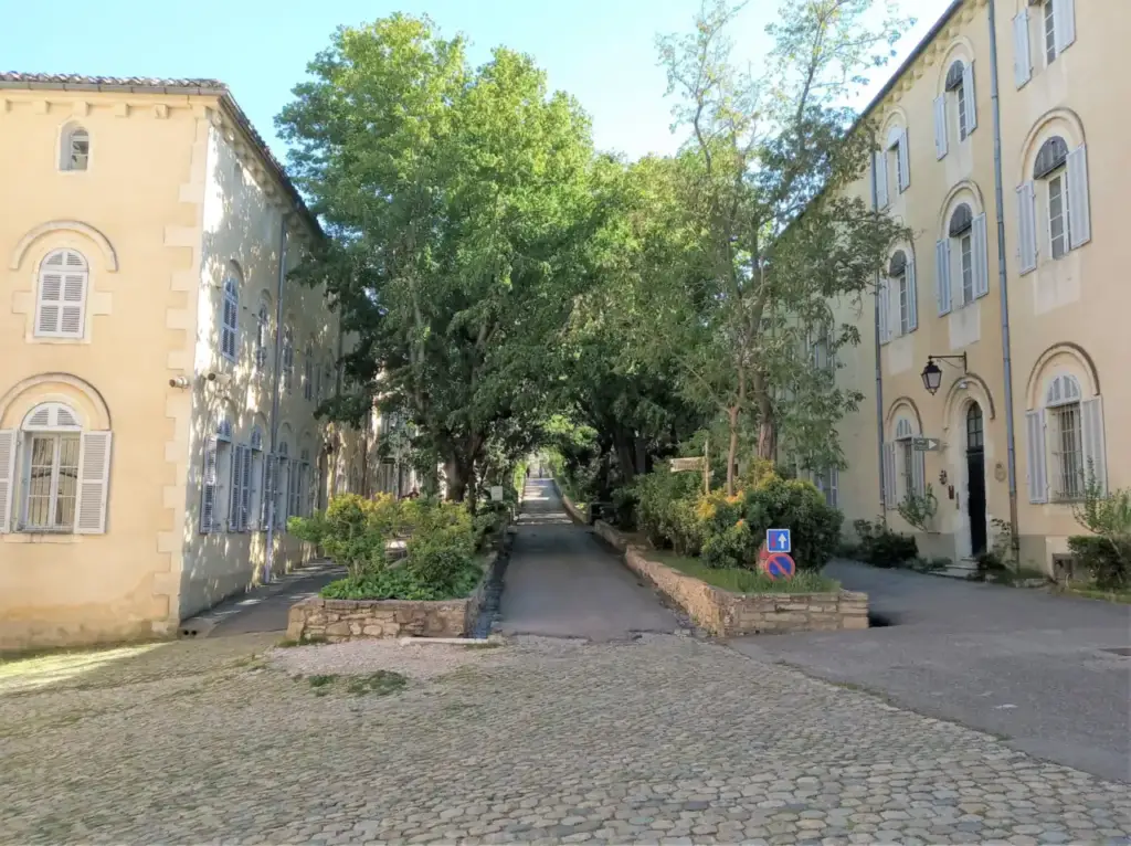 Tree-lined avenue between the historic buildings of Saint-Michel de Frigolet Abbey in Tarascon.