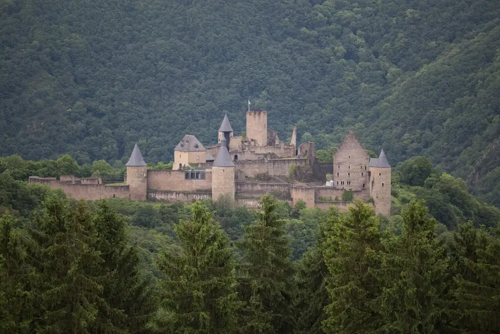 Tours et remparts du Château de Bourscheid entourés de collines boisées