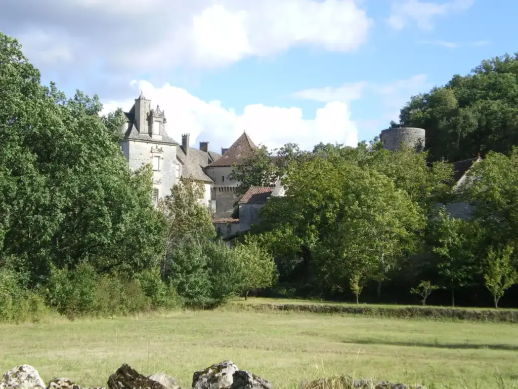 Château de Cénevières au milieu des arbres et des prairies