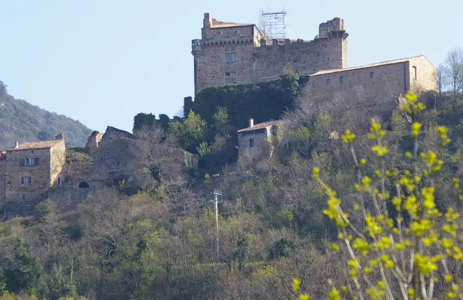 Vue de 2007 du Château de Dio au-dessus du hameau, avec un échafaudage en partie haute