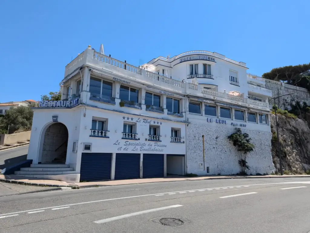 Exterior of Hôtel-Restaurant Le Rhul on Marseille’s Corniche Kennedy.