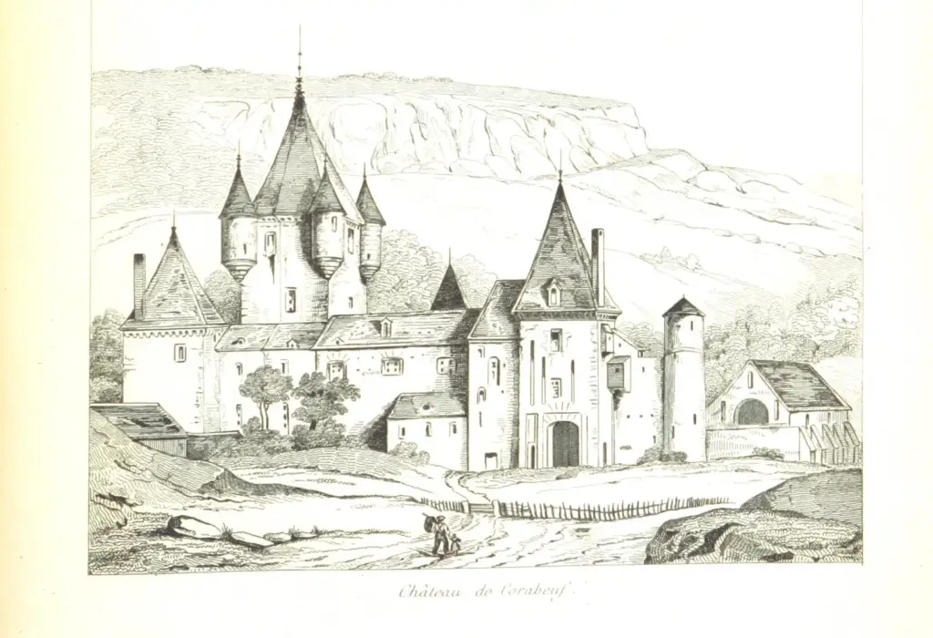 Historic illustration of Château de Corabœuf published in 1836, not a current photograph.
