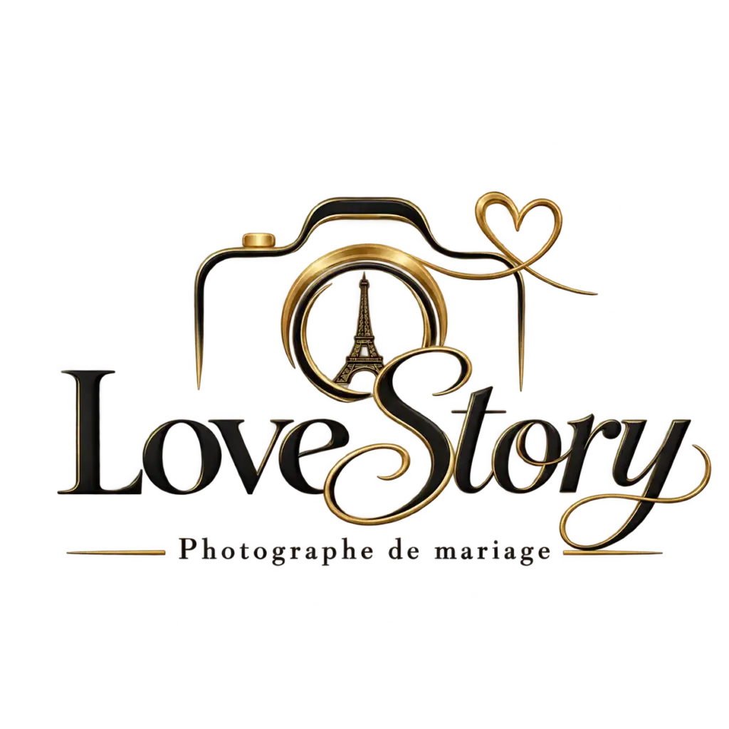 Logo LoveStory Photographe de mariage, appareil photo noir et doré, Tour Eiffel et cœur