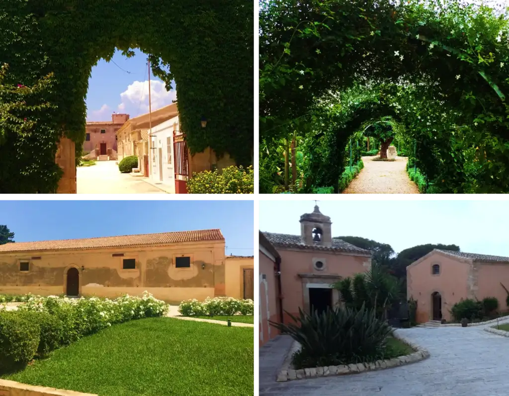 Collage di quattro vere fotografie del maniero di San Michele a Donna Coraly, Siracusa