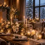 Salle de réception élégante et chaleureuse pour un mariage en hiver, tables aux bougies et paysage enneigé