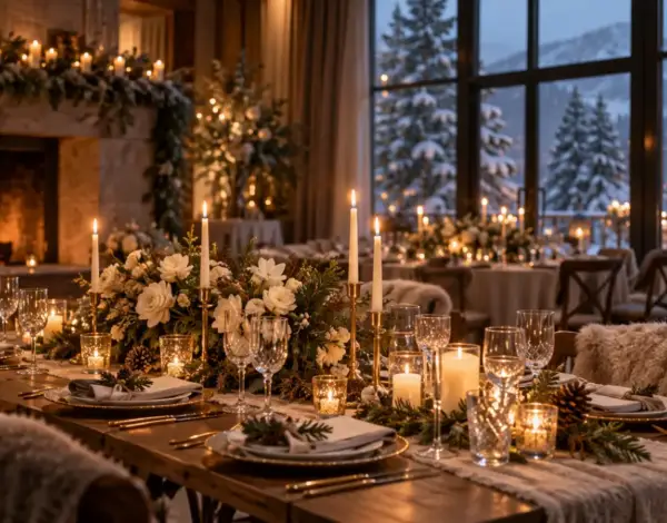 Salle de réception élégante et chaleureuse pour un mariage en hiver, tables aux bougies et paysage enneigé