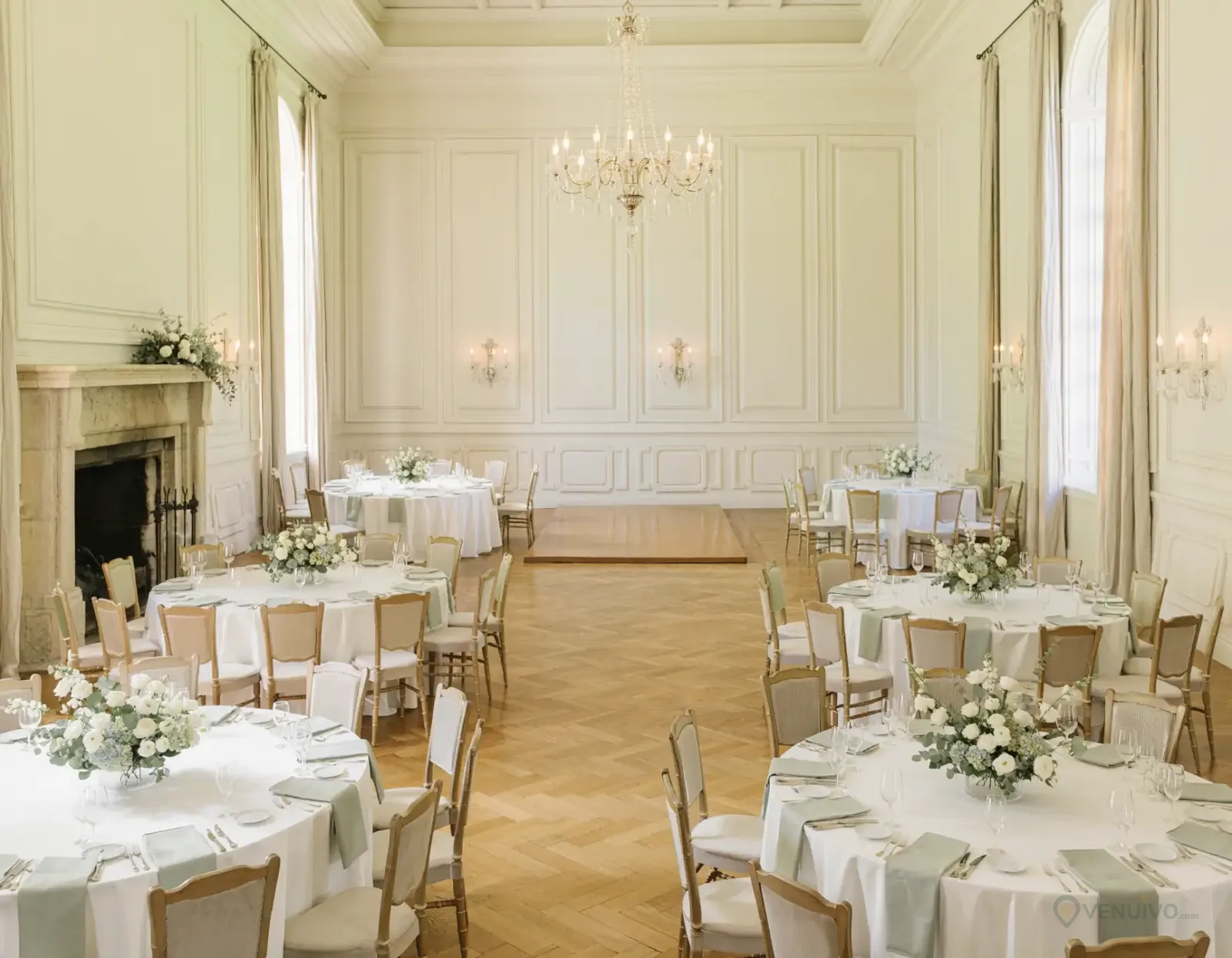 Exemple d'aménagement de cinq tables rondes pour un mariage en petit comité