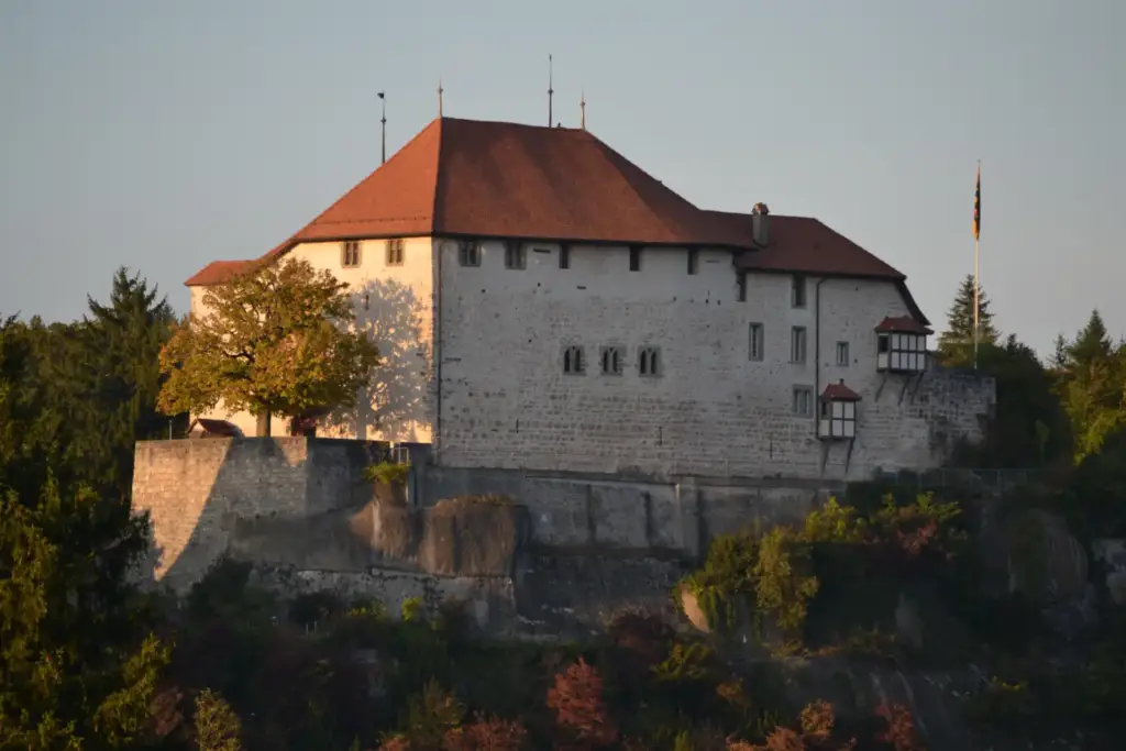 Schloss Laupen on its rocky outcrop with pale walls and red roofs in evening light