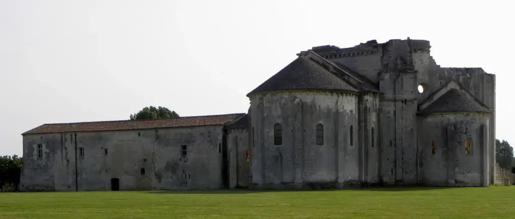 Romanesque building at Abbaye de Trizay in Charente-Maritime, authentic 2013 photograph