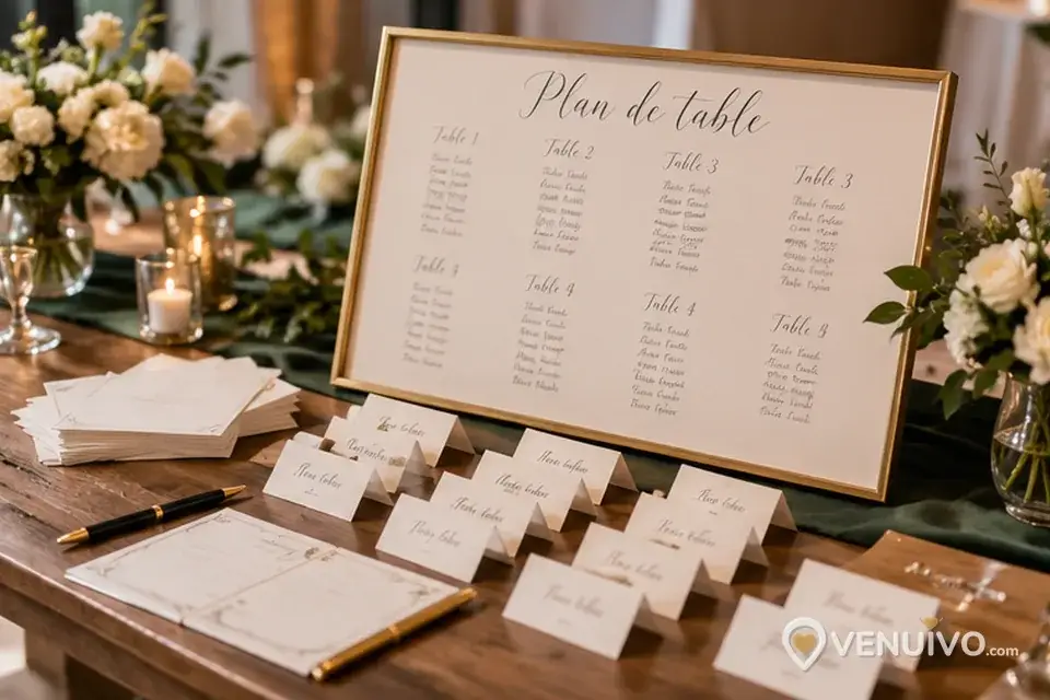 Organisation d’un plan de table de mariage avec cartes nominatives et fleurs