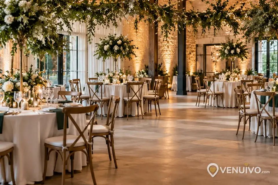 Disposition des tables de mariage dans une salle de réception lumineuse