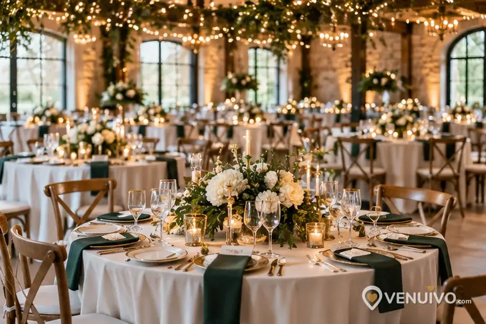 Table de mariage dressée pour le dîner, décor floral et places des invités