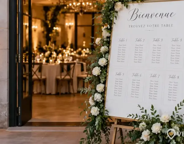 Salle de réception de mariage élégante, tables dressées et décoration florale illustrant un plan de table