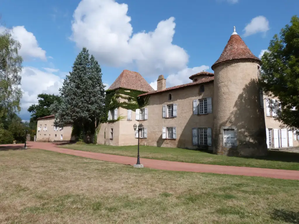 Vue générale du château de Montrouge avec tours, grand conifère et allée rouge