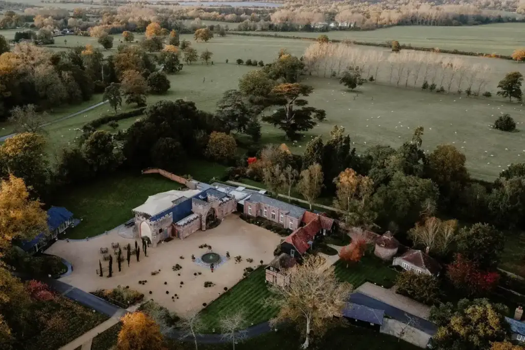 Aerial view of the Wasing Park wedding venue and surrounding countryside