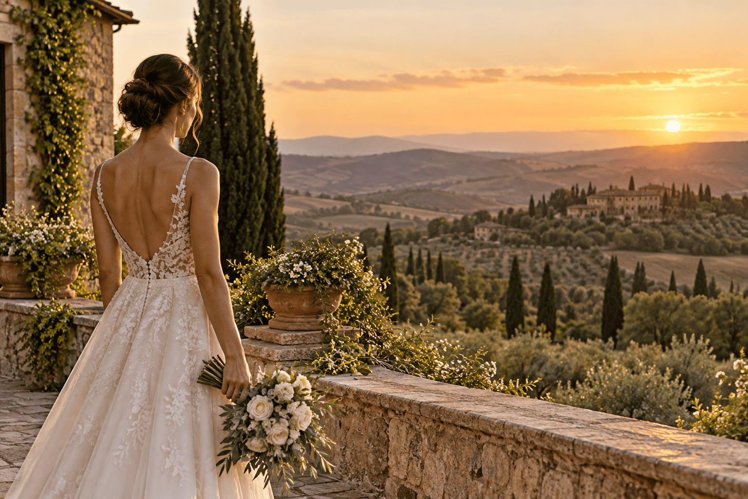 Mariée avec son bouquet face à un paysage au coucher du soleil