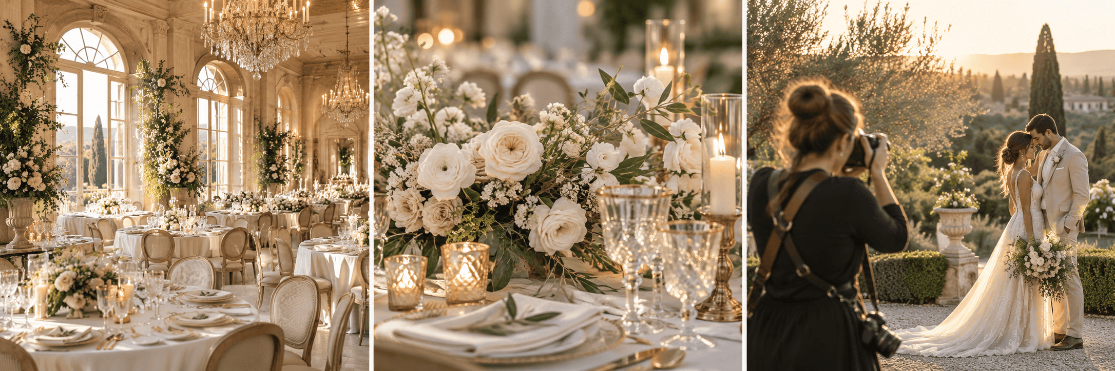 Lieu de réception, décoration florale et photographe de mariage