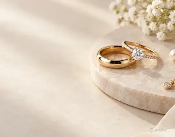 Bijoux de mariage élégants : alliances en or, bague de fiançailles, boucles en perles et pendentif sur fond ivoire