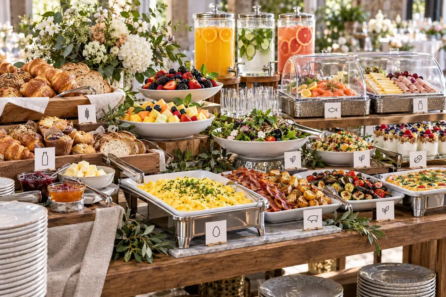 Brunch buffet s slanim jelima, pecivima, voćem i pićima