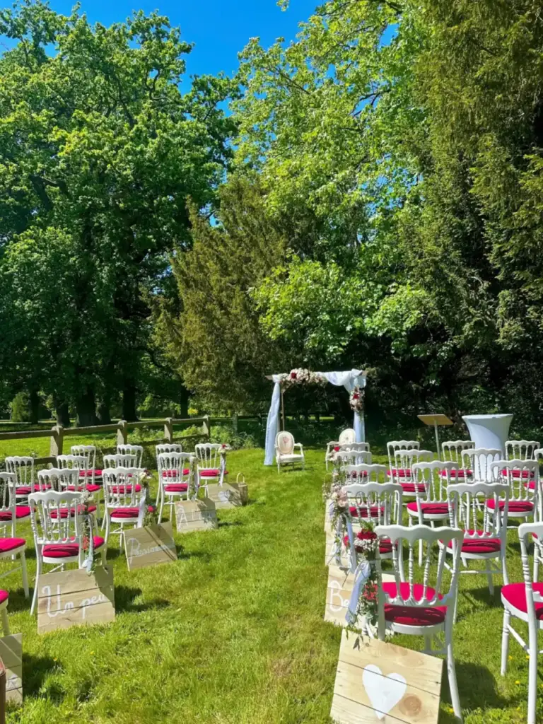Wedding ceremony setup in Château de Cocove park