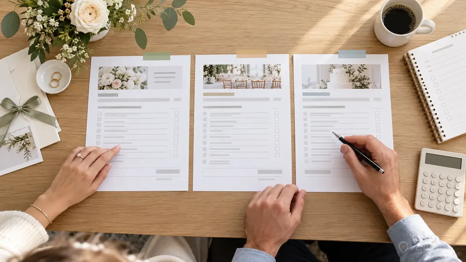 Couple comparant trois devis de prestataires de mariage