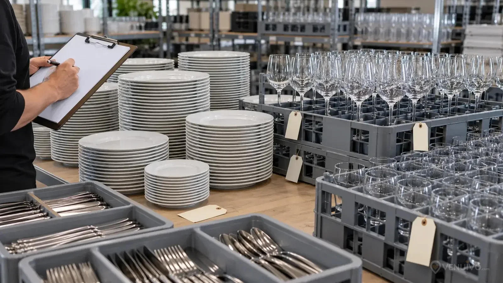Assiettes, verres et couverts de location organisés pour un inventaire de mariage