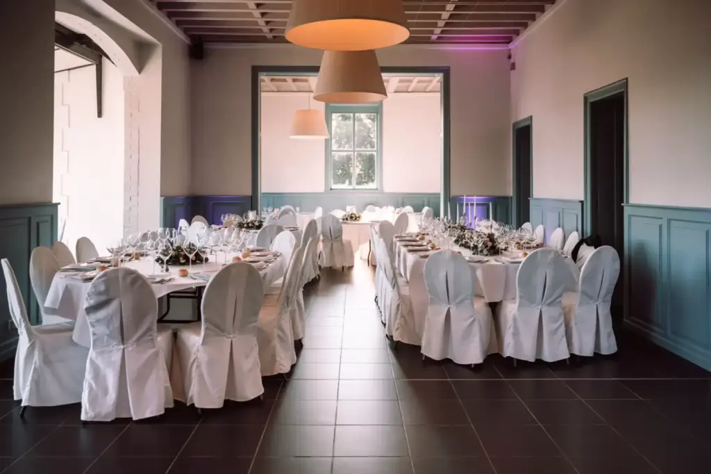 Salle de réception de La Grande Maison dressée pour un mariage