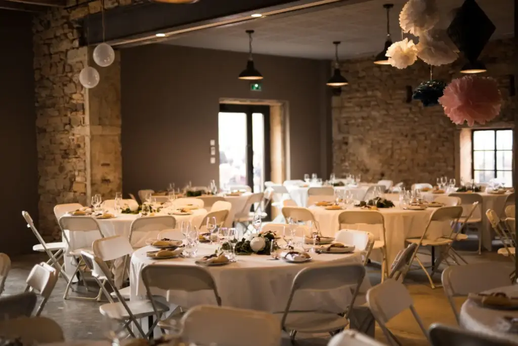 Salle de réception en pierres dorées du Domaine des Sources à Denicé, tables dressées pour un mariage