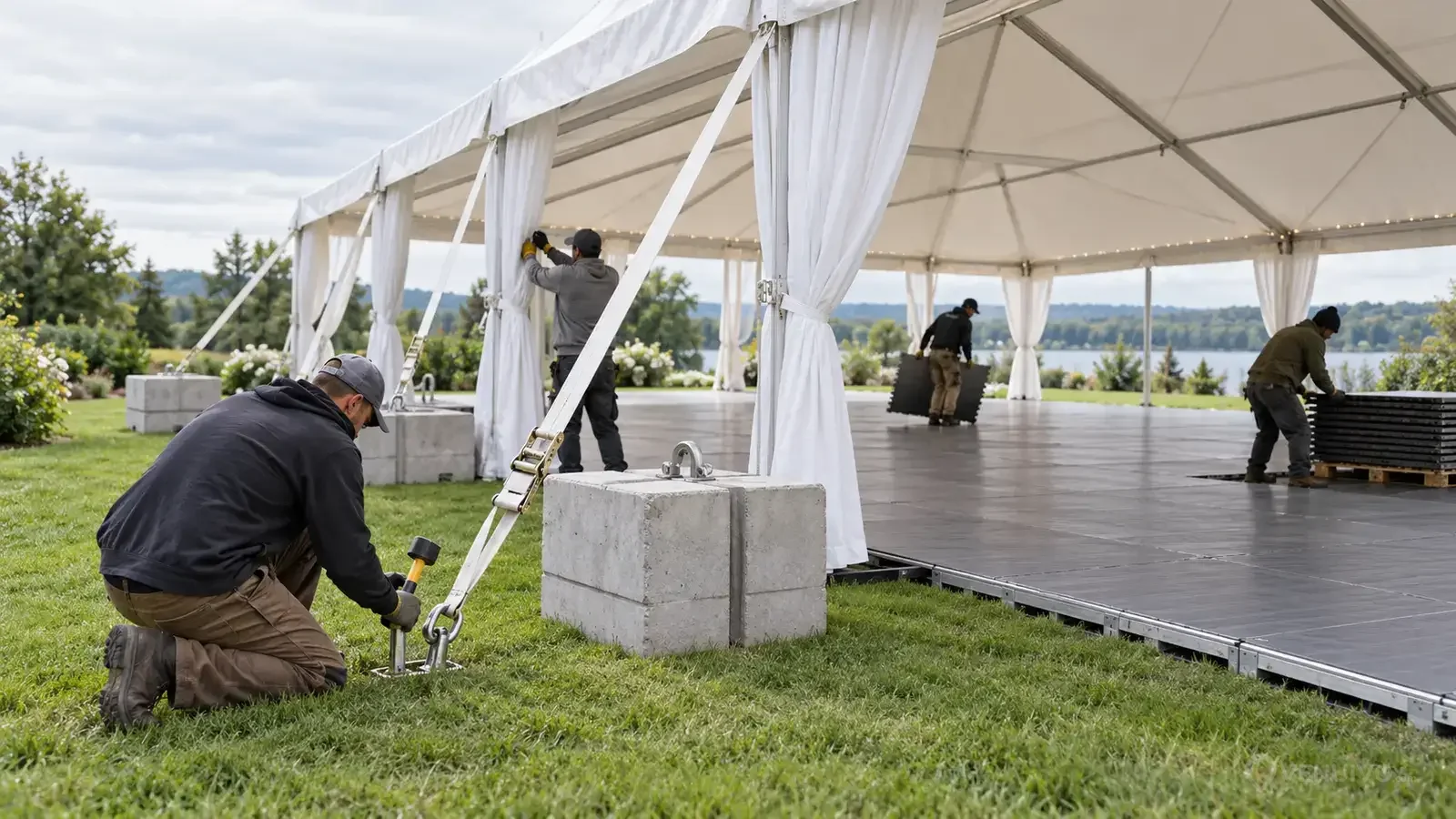 Techniciens installant l’ancrage et le plancher d’un chapiteau de mariage générique