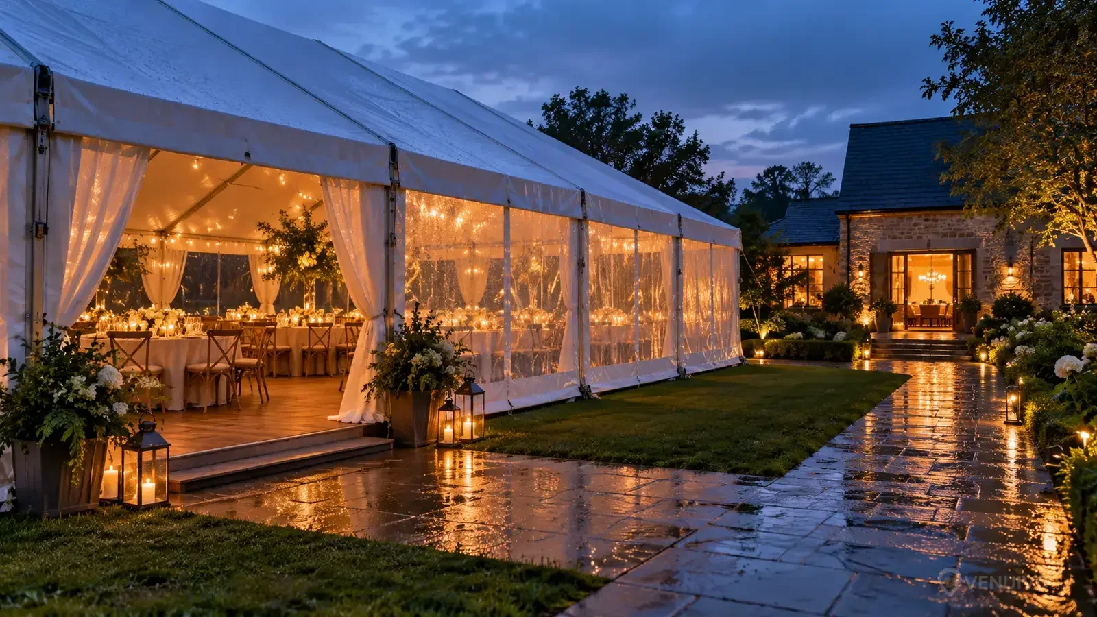 Tente de mariage générique après la pluie avec chemin vers un bâtiment en dur