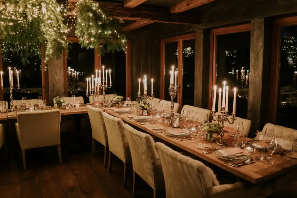 Table de mariage décorée de bougies dans la salle de Du Côté de Chez Anne