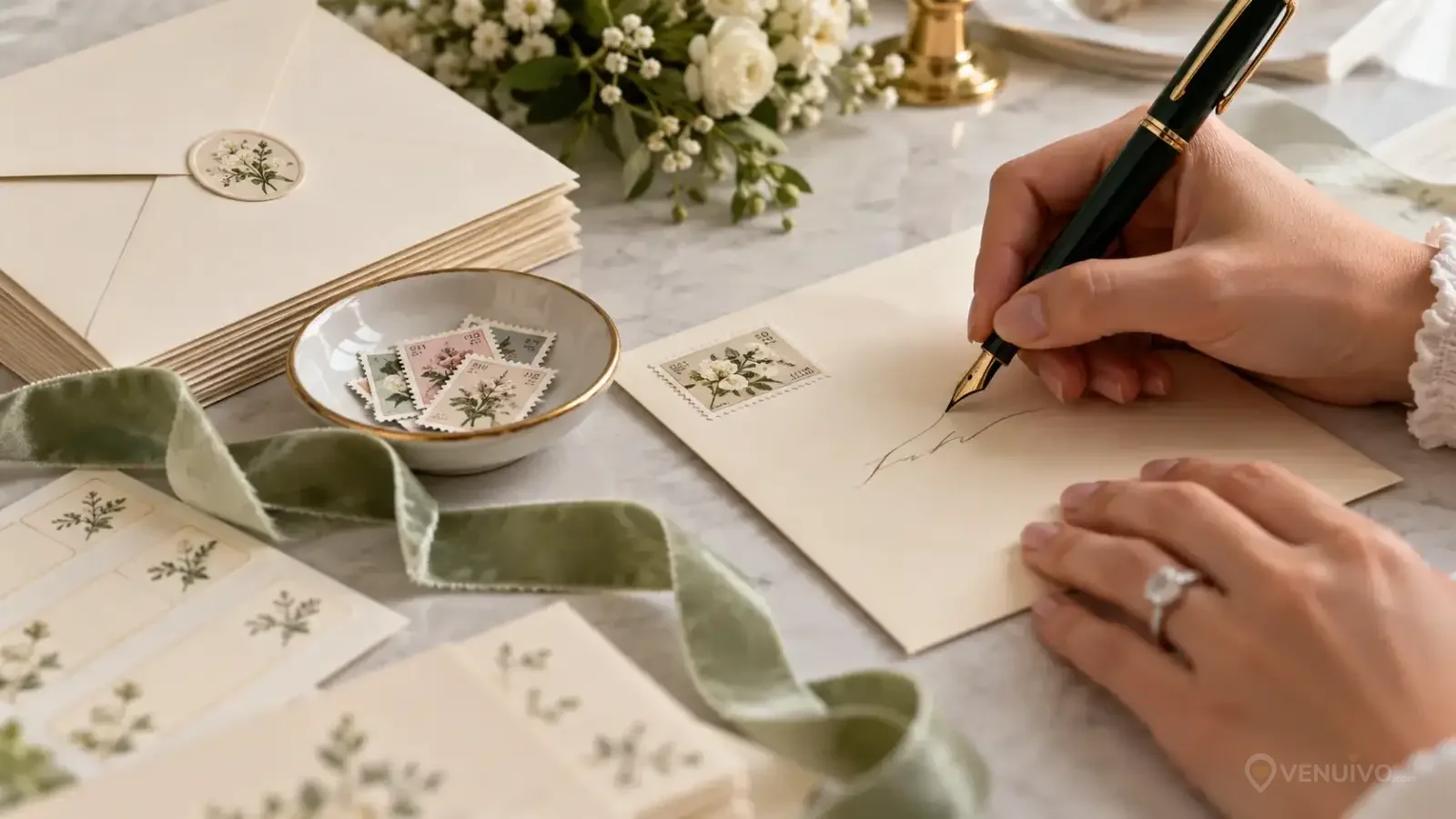 Main écrivant une adresse sur une enveloppe de faire-part de mariage