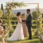Cérémonie laïque de mariage dans un jardin avec les mariés sous une arche fleurie
