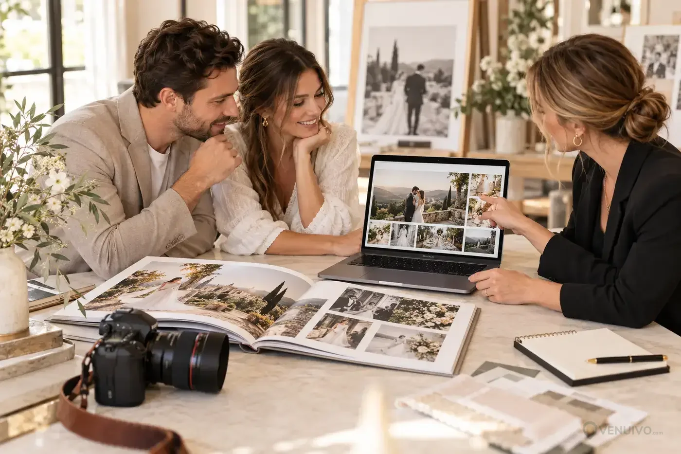 Couple consultant un album et une galerie complète avec une photographe de mariage