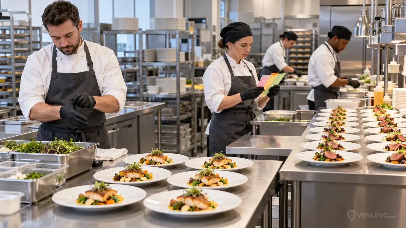 Catering-tiimi valmistaa erityisiä häämenuja erillisissä työtiloissa