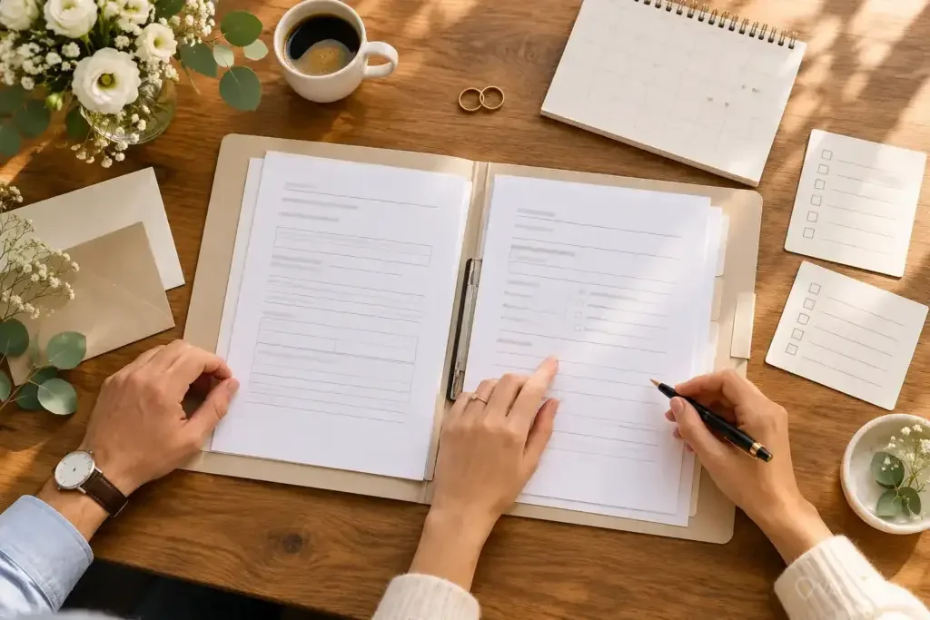 Dossier, calendrier et alliances préparés pour un mariage civil