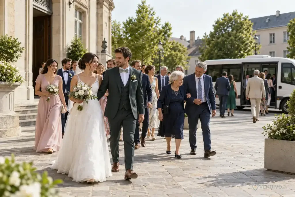 Mariés et invités quittant la mairie vers le transport de réception