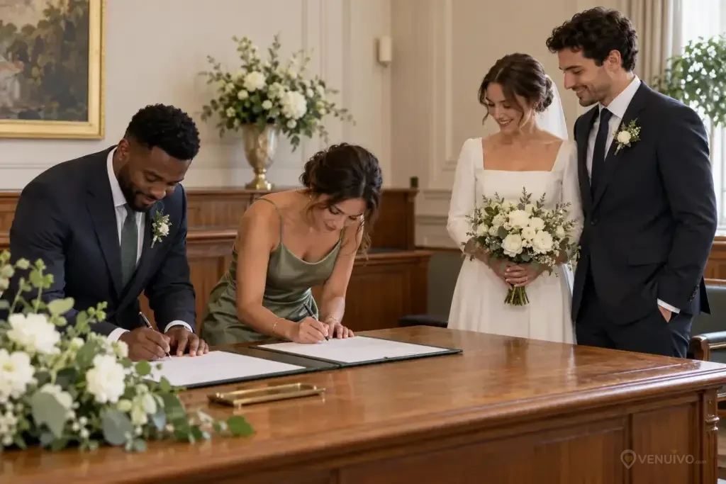 Témoins signant l’acte lors d’une cérémonie de mariage civil