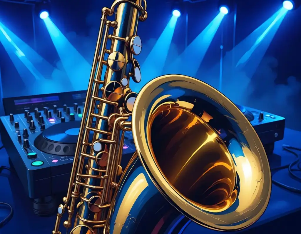 Visuel d’illustration non contractuel évoquant un saxophone et une régie DJ. Ne représente pas Sax&DJ ni ses prestations réelles.