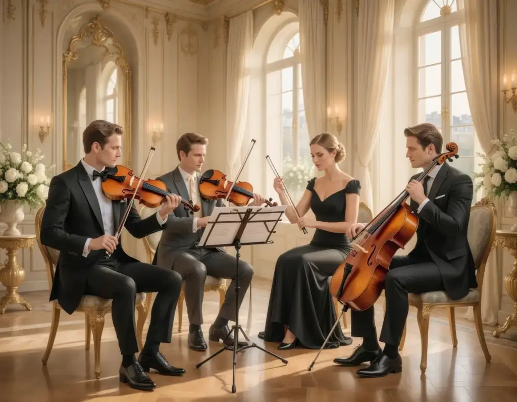 Visuel d’illustration non contractuel évoquant un quatuor de musique classique. Ne représente pas Euterpe Paris ni ses prestations réelles.