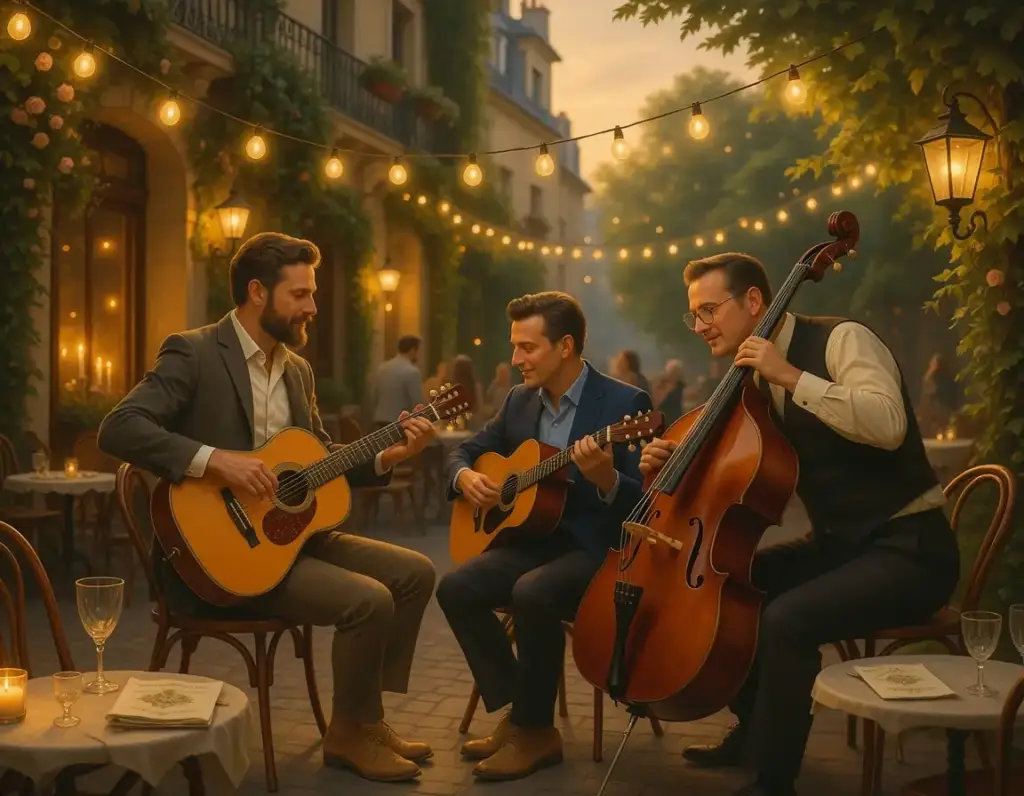 Visuel d’illustration non contractuel évoquant un trio de jazz manouche. Ne représente pas Swing Cocktail ni ses prestations réelles.