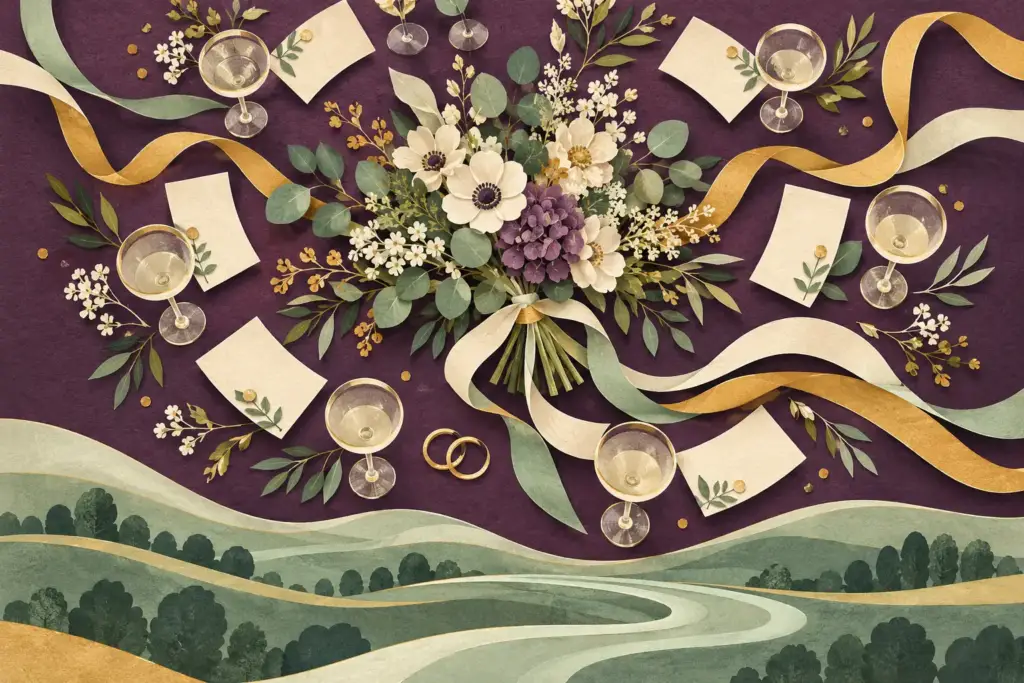 Illustration créée par IA — non contractuelle — ne représente ni cette entreprise, ni ses prestations, ni son équipe. Bouquet, rubans et cartes stylisés, sans représentation du domaine.
