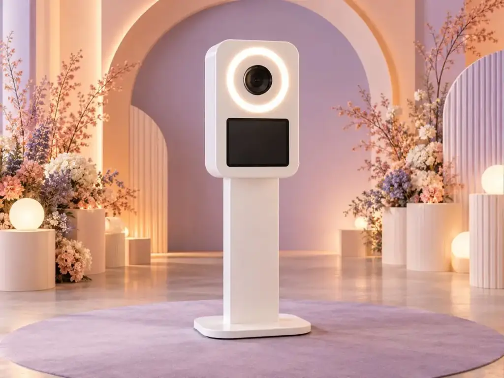 Generic white photo booth in a pastel studio. AI-generated illustration — non-contractual — does not depict this provider or their work.